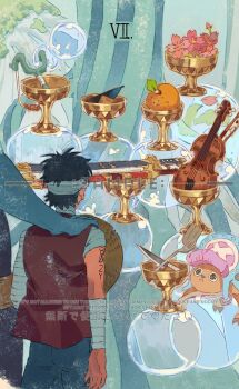 Rule 34 | 3boys, back, bandages, black hair, bubble, commentary, cross, cup, flower, food, fork, fruit, hand on another's shoulder, highres, hood, instrument, jinbe (one piece), male focus, mandarin orange, monkey d. luffy, multiple boys, one piece, roman numeral, sample watermark, siyangou49, spoon, sunglasses, sword, tony tony chopper, violin, watermark, weapon