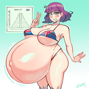 1girl amelia_(pathways) belly bikini blush breasts cleavage embarrassed flag_print flag_print_bikini gerph highres huge_belly large_breasts legs pregnant print_bikini purple_hair skindentation solo swimsuit thighs thong_bikini union_jack union_jack_bikini union_jack_print united_kingdom v