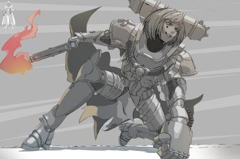 1girl adepta_sororitas all_fours armor breastplate facial_tattoo flamer fleur-de-lis full_body gauntlets gun hand_on_ground highres holding holding_weapon looking_to_the_side medium_hair on_ground ozlyk pauldrons power_armor purity_seal shoulder_armor skull smile solo tattoo warhammer_40k weapon