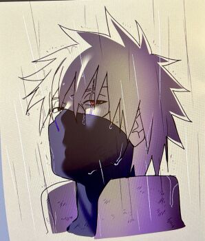 1boy black_eyes hatake_kakashi heterochromia highres limited_palette male_focus mask mouth_mask naruto_(series) naruto_shippuuden o_hqfu portrait rain red_eyes scar scar_across_eye scar_on_face sharingan solo wet