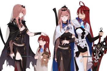 2girls age_progression ahoge black_cape black_dress blue_hair breasts cape colored_inner_hair commission dress elizabeth_rose_bloodflame elizabeth_rose_bloodflame_(1st_costume) enigmatic_recollection fire_on_chest headpat height_difference highres holding holding_scythe hololive hololive_english huge_ahoge large_breasts long_hair lucesamaaa mori_calliope mori_calliope_(1st_costume) multicolored_hair multiple_girls pink_hair red_eyes red_hair scythe stuffed_animal stuffed_toy thorn_(elizabeth_rose_bloodflame) twitter_username very_long_hair virtual_youtuber white_cape white_dress