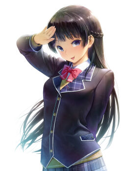 1girl :d arm_behind_back black_hair black_jacket blazer blue_eyes blue_skirt bow bowtie commentary_request floating_hair highres jacket kath lapels long_hair looking_at_viewer nijisanji open_mouth plaid_clothes plaid_lapels pleated_skirt red_bow red_bowtie revision salute simple_background skirt smile solo speech_bubble standing sweater tsukino_mito tsukino_mito_(1st_costume) very_long_hair virtual_youtuber white_background yellow_sweater yorudou
