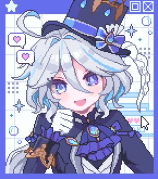 1girl :d amenbopotupotu ascot black_hat black_jacket black_shirt blue_ascot blue_border blue_bow blue_eyes blue_gemstone blue_hair blue_hat blue_pupils border bow bubble clenched_hand colored_inner_hair commentary cowlick double-parted_bangs drop-shaped_pupils eyes_visible_through_hair frilled_sleeves frills furina_(genshin_impact) gem genshin_impact gloves grid_background hair_between_eyes hair_flaps hair_intakes hand_on_own_cheek hand_on_own_face hand_up hat hat_bow heart heterochromia highres jacket long_hair long_sleeves looking_at_viewer low_ponytail mismatched_pupils multicolored_hair no_nose open_clothes open_jacket open_mouth outside_border pixel_art ponytail purple_eyes shirt sidelocks simple_background single_eyebrow smile solo sparkle spoken_heart star_(symbol) streaked_hair symbol-only_commentary symbol-shaped_pupils tongue top_hat tsurime two-tone_hair upper_body white_background white_gloves white_hair window_(computing)