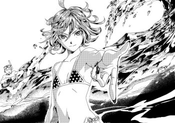 1boy 1girl bald bikini closed_mouth fingernails flat_chest greyscale hair_between_eyes ikoka_no.2 looking_at_viewer monochrome nail_polish navel ocean one-punch_man revision saitama_(one-punch_man) short_hair swimsuit tatsumaki upper_body v-shaped_eyebrows water waves