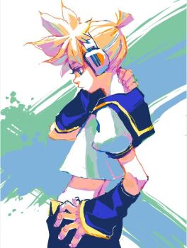 Rule 34 | 1boy, blonde hair, blue eyes, collar, detached sleeves, hand on own hip, hand on own neck, headset, kagamine len, looking down, male focus, midriff, nacky, necktie, ponytail, profile, sailor collar, shirt, short hair, short ponytail, short sleeves, splatter background, vocaloid, white shirt