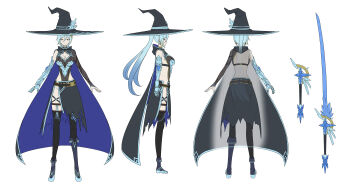 1girl a-pose absurdres backless_leotard belt black_cape black_hat black_leotard black_skirt black_thighhighs blue_cape blue_hair boots breasts brown_belt cape cleavage closed_mouth commentary_request commission crystal_sword detached_sleeves expressionless full_body gauntlets hair_between_eyes hair_ornament hat highres large_breasts leotard long_hair multiple_views mystical_high_collar mytea_(soso) original ponytail reference_sheet side_slit simple_background single_gauntlet single_sleeve skeb_commission skirt sword thighhighs two-sided_cape two-sided_fabric weapon white_background witch_hat x-ray yellow_eyes