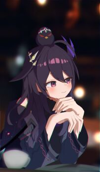 1girl absurdres ahoge bird closed_mouth coat coffee_mug commentary_request creature cup dechan_(duel_masters) duel_masters duel_masters_play's hair_between_eyes hair_ornament hand_on_own_chin highres long_hair mug multicolored_eyes noin_(duel_masters) pink_eyes purple_coat purple_eyes purple_hair red_eyes suciktcieextpvv