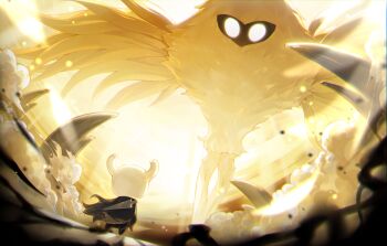 2others absurdres bamsot black_skin body_fur cape colored_skin from_behind giant glowing glowing_eyes grey_cape highres hollow_knight horns knight_(hollow_knight) looking_at_another mask multiple_others nail_(hollow_knight) radiance_(hollow_knight) standing white_horns wings