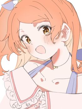 1girl :d blue_bow blush bow collarbone frilled_shirt_collar frills hair_bow hair_ornament highres idolmaster idolmaster_million_live! image_sample long_hair looking_at_viewer meeeeeeco359 off-shoulder_shirt off_shoulder ogami_tamaki one_side_up open_mouth orange_eyes orange_hair shirt simple_background smile solo swept_bangs twitter_sample upper_body white_background