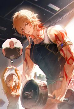 1boy 1girl absurdres arm_tattoo armlet biceps blonde_hair braid breasts chest_tattoo commentary covered_abs earrings english_commentary exercising facial_tattoo gold_earrings gradient_hair grey_hair grey_pants highres honkai:_star_rail honkai_(series) isobe47 jewelry medium_breasts medium_hair multicolored_hair muscular_arms mydei_(honkai:_star_rail) neck_tattoo pants red_hair red_tattoo side_braid stelle_(honkai:_star_rail) tank_top tattoo toned toned_male track_suit trailblazer_(honkai:_star_rail) weightlifting yellow_eyes