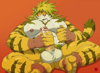 1boy alternate_eye_color animal_ears bara belly blonde_hair blush cum cum_on_body cum_on_hands feet furry furry_male green_eyes hair_over_one_eye huge_pectorals large_hands large_penis large_testicles macan_(housamo) male_breasts male_focus male_masturbation masturbation muscular muscular_male nipple_stimulation nipple_tweak nipples penis rossciaco sitting solo testicles thick_eyebrows thick_thighs thighs tiger_boy tiger_ears tokyo_houkago_summoners tweaking_own_nipple uncensored yellow_fur