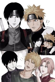 !? ... 1girl 2boys anger_vein annoyed arm_around_shoulder black_eyes black_hair black_headband blonde_hair blue_eyes facial_mark flying_sweatdrops grabbing_another&#039;s_ear green_eyes hand_on_another&#039;s_ear haruno_sakura headband highres konohagakure_symbol looking_at_another multiple_boys naruto_(series) naruto_shippuuden open_mouth pale_skin pink_hair sai_(naruto) short_hair simple_background speech_bubble sso_s sweatdrop sword sword_on_back teeth upper_body uzumaki_naruto weapon weapon_on_back whisker_markings white_background