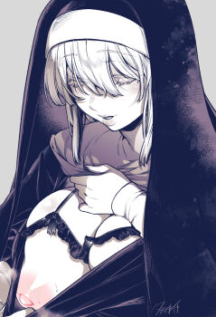 1girl black_dress black_veil blush bra breasts cleavage closed_eyes clothes_pull cupless_bra dress dress_pull grey_background highres inverted_nipples large_breasts long_hair long_sleeves mole mole_under_eye monochrome nun nun_headdress original simple_background solo takatsuki_ichi underwear upper_body veil white_hair