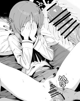 1boy 1girl bar_censor censored commentary_request covering_own_eyes cross-section cum ejaculation female_pubic_hair girls_und_panzer henyaan_(oreizm) highres internal_cumshot lying monochrome nishizumi_miho on_back ooarai_school_uniform penis pubic_hair pussy school_uniform serafuku sex short_hair vaginal