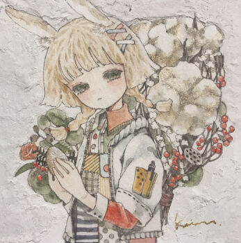 1girl absurdres animal_ears blonde_hair blunt_bangs braid closed_mouth commentary_request embroidery expressionless flower green_eyes hair_ornament highres holding holding_flower jacket karintoun long_sleeves looking_at_viewer medium_hair original painting_(medium) pale_skin plant portrait rabbit_ears shirt short_hair sidelocks signature simple_background striped_clothes striped_shirt traditional_media watercolor_(medium)