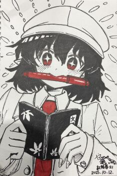 1girl black_hair collared_shirt commentary_request hat highres holding holding_notebook jacket long_sleeves mouth_hold necktie newsboy_cap notebook open_clothes open_jacket pen pointy_ears red_eyes red_necktie shameimaru_aya shameimaru_aya_(newsboy) shirt solo sparkling_eyes touhou traditional_media upper_body yakousei_no_kame