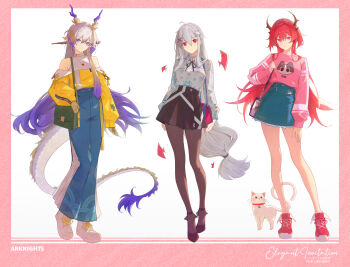 3girls arknights black_pantyhose black_skirt blue_eyes blue_skirt cat commentary_request demon_horns dragon_horns dragon_tail full_body gradient_hair grey_hair hair_between_eyes high_heels highres horns laevatein_(la3vatein) long_hair multicolored_hair multiple_girls pants pantyhose purple_eyes red_eyes red_hair shoes shu_(arknights) skadi_(arknights) skirt slit_pupils sneakers surtr_(arknights) tail