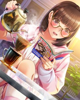 1girl anegasaki_nene bespectacled blush book brown_hair coffee coffee_maker collarbone dutch_angle embarrassed glass_table glasses hands_up highres holding holding_book holding_kettle holding_manga indoors jason_voorhees kettle long_sleeves looking_at_object love_plus manga_(object) medium_hair mole mole_under_eye open_book open_mouth pajamas pigeon-toed pink_pajamas pink_socks plant potted_plant purple_eyes rabbit reading shelf sitting skirt socks solo steam stuffed_animal stuffed_rabbit stuffed_toy sunlight table yellow-framed_eyewear
