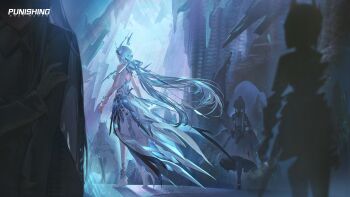 5girls absurdres barefoot body_markings copyright_name crossed_legs crystal faceless faceless_female facing_away floating_headgear frilled_cuffs hand_on_own_arm hat headgear highres liv:_eclipse_(pgr) liv:_empyrea_(pgr) liv:_limpidity_(pgr) liv:_luminance_(pgr) liv:_lux_(pgr) liv_(pgr) long_hair long_sleeves mechanical_legs mechanical_wings multiple_girls multiple_persona official_art overlighting ponytail punishing:_gray_raven short_hair silhouette single_ankle_cuff skirt standing veil walking white_ankle_cuffs white_hair white_hat white_skirt white_wings white_wrist_cuffs wings wrist_cuffs