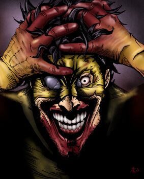 1boy absurdres black_hair blood blood_drip blood_on_clothes blood_on_face blood_on_hands blood_stain bodysuit broken_goggles clenched_teeth commentary crazy crazy_grin english_commentary gloves highres horror_(theme) invincible_(series) looking_at_viewer male_focus open_mouth protein1002 short_hair signature sinister_mark superhero_costume teeth yellow_bodysuit yellow_gloves