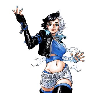 black_hair black_jacket blue_eyes blue_eyeshadow blue_nails blue_shirt brown_eyes commentary cowboy_shot crop_top cropped_jacket cryokinesis eiichiroyoda eyeshadow groin hands_up heterochromia highres jacket long_sleeves looking_at_viewer luna_snow makeup marvel marvel_rivals multicolored_hair oda_eiichirou_(style) open_clothes open_jacket parody shirt short_hair short_shorts shorts smile split-color_hair style_parody symbol-only_commentary two-tone_hair white_hair white_shorts
