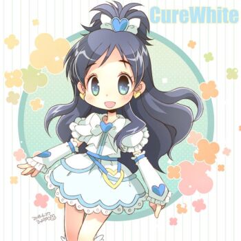 1girl belt black_hair blue_belt blue_eyes bow bowtie brooch character_name circle commentary_request cowboy_shot cure_white dated dot_nose dress earrings flower frilled_arm_warmers frilled_leg_warmers frilled_sleeves frills futari_wa_precure futari_wa_precure_max_heart green_flower hair_bow hair_ornament happy heart heart_brooch heart_earrings heart_hair_ornament heart_o-ring heart_print high_ponytail hiyopuko jewelry lace lace-trimmed_dress lace_trim leg_warmers light_blush long_hair o-ring o-ring_belt open_mouth orange_flower pink_flower ponytail precure short_dress short_ponytail short_sleeves sidelocks signature smile solo split_ponytail standing striped_background tareme vertical-striped_background very_long_hair wavy_hair white_arm_warmers white_background white_bow white_bowtie white_dress white_leg_warmers yellow_flower yukishiro_honoka