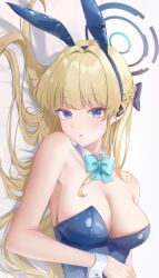 Rule 34 | 1girl, absurdres, animal ears, armpits, bed sheet, blonde hair, blue archive, blue eyes, blue leotard, blunt bangs, braid, breasts, cleavage, collarbone, commentary request, earpiece, fake animal ears, french braid, hairband, halo, head tilt, highres, leotard, long hair, looking at viewer, lying, medium breasts, multicolored hair, official alternate costume, official alternate hairstyle, on back, parted lips, playboy bunny, rabbit ears, sidelocks, simple background, single braid, solo, strapless, strapless leotard, streaked hair, toki (blue archive), toki (bunny) (blue archive), two-tone hair, wan du29