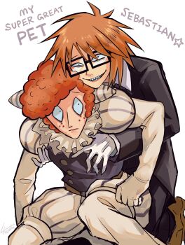 Rule 34 | 2boys, :d, antenna hair, artist name, bags under eyes, behind another, black-framed eyewear, black eyes, black jacket, black pants, brown shoes, character name, closed mouth, clown, collared shirt, commentary request, curly hair, english text, feet out of frame, freckles, frown, full body, glasses, gloves, grin, head rest, highres, jacket, juliet sleeves, l higeki, layered sleeves, long sleeves, looking at another, looking at viewer, male focus, multiple boys, neck ruff, open mouth, orange hair, pants, puffy shorts, puffy sleeves, purple shorts, purple vest, randal's friends, randal ivory, rectangular eyewear, sebastian de tomato smith chicken legs, shirt, shoes, short hair, shorts, simple background, sitting, smile, spiked hair, star (symbol), striped clothes, striped shorts, two-tone shorts, vertical-striped clothes, vertical-striped shorts, vest, white background, white gloves, white pants, white shirt, white shorts, wide-eyed