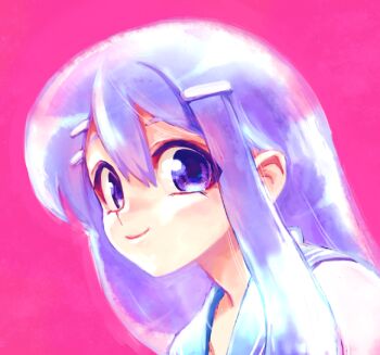 1girl blue_eyes blue_hair blue_sailor_collar commentary_request danganronpa:_trigger_happy_havoc danganronpa_(series) hair_ornament hairclip hiraga_na looking_at_viewer maizono_sayaka pink_background sailor_collar school_uniform solo solo_focus