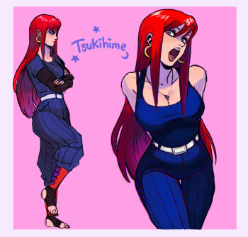 1girl alternate_costume aozaki_aoko belt black_shirt blue_pants blue_shirt breasts cleavage copyright_name cowboyitachi crescent earrings highres jewelry large_breasts long_hair long_sidelocks long_sleeves necklace pants piercing pink_eyes red_hair shirt shirt_under_shirt short_sleeves sidelocks solo toe_ring tongue tongue_out tongue_piercing tsukihime white_belt