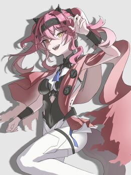 1girl absurdres armor bodysuit breastplate breasts collar earrings hair_between_eyes hairband highres jewelry long_hair looking_at_viewer lupa_(wuthering_waves) medium_breasts metal_collar metal_hairband open_mouth pink_hair red_pupils smile solo tacet_mark_(wuthering_waves) white_bodysuit wuthering_waves xiao_mu_ke yellow_eyes