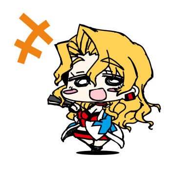 +++ 1girl arm_under_breasts blonde_hair blue_haori blush_stickers breasts chamomille_serizawa chibi chibi_only cleavage commentary_request curtained_hair folded_fan folding_fan full_body gyousatsu_shinsengumi hand_fan hand_up haori holding holding_fan japanese_clothes long_hair looking_at_viewer midriff miniskirt o_o open_mouth red_skirt shinsengumi simple_background skirt smile solo standing wavy_hair white_background yagumo_kengou