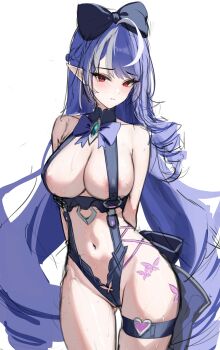 1girl absurdres adapted_costume areola_slip arms_behind_back black_bow blush bow bowtie butterfly_tattoo hair_bow highres long_hair looking_at_viewer multicolored_hair official_alternate_costume pointy_ears purple_bow purple_bowtie purple_hair red_eyes sab_(sab2500) slingshot_swimsuit solo streaked_hair swimsuit tattoo thigh_strap very_long_hair vivian_banshee vivian_banshee_(iris_of_the_shore) zenless_zone_zero