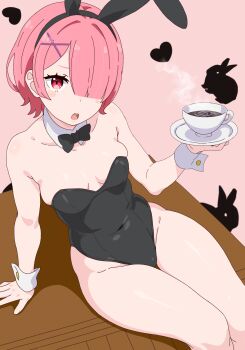 1girl animal_ear_hairband animal_ears bare_legs black_bow black_bowtie black_leotard bow bowtie breasts covered_navel cup detached_collar fake_animal_ears hair_ornament hair_over_one_eye hairband highres leotard pink_background pink_hair playboy_bunny rabbit rabbit_ears ram_(re:zero) re:zero_kara_hajimeru_isekai_seikatsu red_eyes remnia simple_background sitting small_breasts strapless strapless_leotard teacup wrist_cuffs x_hair_ornament