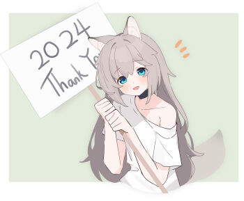 Rule 34 | 1girl, 2024, :d, absurdres, animal ear fluff, animal ears, black choker, blue eyes, blush, border, choker, collarbone, commentary request, cropped torso, grey background, grey hair, hair between eyes, highres, holding, holding sign, long hair, looking at viewer, notice lines, off shoulder, open mouth, original, riya (01214), shirt, short hair, sign, smile, solo, tail, thank you, upper body, very long hair, white border, white shirt