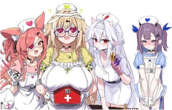 Rule 34 | 4girls, animal ear fluff, animal ears, apron, belt, black belt, blonde hair, blue dress, blue eyes, bone hiko, breasts, commentary request, dress, eyepatch, glasses, gloves, green shirt, hat, highres, holding, holding syringe, large breasts, medium breasts, multiple girls, nurse, nurse cap, oni, original, pink gloves, pink hair, pink shirt, purple hair, red eyes, shirt, simple background, small breasts, syringe, white apron, white background, white dress, white gloves, white hair