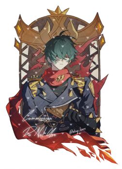 1boy 329kome ahoge arm_at_side artist_name black_jacket commission elbow_gloves gloves green_hair hair_over_one_eye hand_up highres holding holding_removed_eyewear jacket leather leather_jacket lighter_(zenless_zone_zero) long_sleeves looking_at_viewer male_focus parted_lips red_scarf scarf short_hair shoulder_spikes simple_background solo spiked_jacket spikes studded_gloves sunglasses torn_clothes torn_scarf twitter_username unworn_eyewear watermark white_background zenless_zone_zero