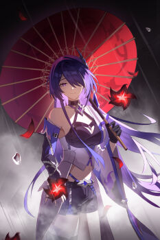 1girl absurdres acheron_(honkai:_star_rail) bare_shoulders black_gloves breasts bushi_ayu chinese_commentary cleavage closed_mouth commentary_request diamond-shaped_pupils diamond_(shape) flower gloves hair_ornament hair_over_one_eye highres holding holding_umbrella honkai:_star_rail honkai_(series) long_hair looking_at_viewer oil-paper_umbrella petals purple_eyes purple_hair shorts solo symbol-shaped_pupils thighhighs umbrella