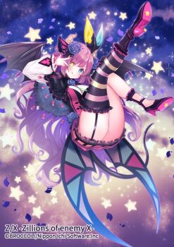 Rule 34 | 1girl, blue eyes, braid, braided hair rings, brown horns, closed mouth, copyright notice, demon girl, demon horns, demon tail, demon wings, dress, flower, hair flower, hair ornament, hair rings, heterochromia, high heels, horns, long sleeves, official art, purple flower, purple hair, purple petals, purple rose, rose, single thighhigh, solo, star (symbol), striped clothes, striped thighhighs, suzuho hotaru, tail, thighhighs, tongue, tongue out, ugly (z/x), wings, yellow eyes, z/x