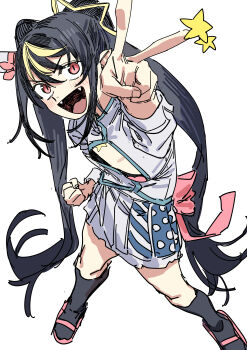 Rule 34 | 1girl, :d, absurdres, arm up, back bow, black hair, black socks, blonde streaks, blue trim, blush, bow, breasts, cleavage cutout, clothing cutout, fangs, foreshortening, from above, full body, hair between eyes, hair ornament, haruyuki (gffewuoutgblubh), highres, kneehighs, large bow, legs apart, long hair, long sleeves, looking at viewer, mamayuyu, minerva (mamayuyu), miniskirt, multicolored hair, open mouth, pink bow, pink sandals, pleated skirt, pointy ears, red eyes, sandals, shirt, sidelocks, simple background, skirt, small breasts, smile, socks, solo, standing, star (symbol), star hair ornament, streaked hair, tongue, twintails, v, v-shaped eyebrows, very long hair, white background, white shirt, white skirt