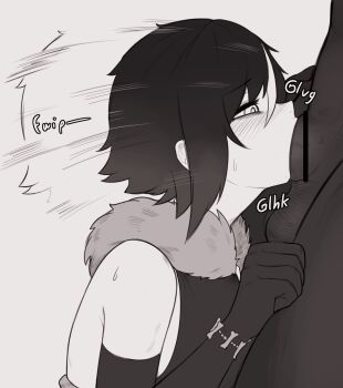 1boy 1girl blush bone chikaretsu deepthroat elbow_gloves fellatio fur_collar gloves hetero highres leotard monochrome motion_lines multicolored_hair necromancer_girl_(chikaretsu) oral original smegma sweat testicles zombie