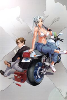 1boy 1girl absurdres bikini bikini_top_only blush breasts brown_hair cleavage collarbone covered_erect_nipples grey_hair gun handgun highres holding holding_gun holding_weapon jumpsuit kiba_mikoto large_breasts long_hair mikami_arashi motor_vehicle motorcycle navel official_art on_motorcycle open_jumpsuit ponytail revolver short_hair sitting sitting_on_object swimsuit toolbox tools triage_x weapon white_bikini yellow_eyes