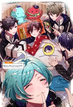 5boys ahoge black_hair blue_bow blue_hair bow box brown_hair cellphone closed_eyes closed_mouth commentary_request ensemble_stars! facing_viewer fingernails flower gift gift_box green_eyes hair_between_eyes hair_over_one_eye hat highres holding holding_phone hood hood_down hooded_jacket index_finger_raised jacket long_sleeves male_focus morisawa_chiaki multicolored_hair multiple_boys nagumo_tetora nervous_sweating on_bed one_eye_closed one_eye_covered open_mouth orange_eyes outstretched_hand parted_bangs phone purple_hair red_hair red_shirt ryuseitai_(ensemble_stars!) sengoku_shinobu shinkai_kanata shirt short_hair sleeping smartphone smile star_(symbol) streaked_hair stuffed_animal stuffed_toy sweat takamine_midori takeda_(mdca4649) translation_request two-tone_hair zipper_pull_tab