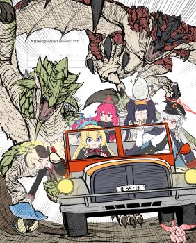 absurdres akari_(blue_archive) bandana blue_archive blue_eyes blue_halo braid braided_bangs car chin_spike collared_shirt creature crossover curled_horns demon_horns dragon driving egg emphasis_lines fleeing fuuka_(blue_archive) gehenna_academy_logo gourmet_research_society_(blue_archive) hair_between_eyes halo haruna_(blue_archive) hat highres holding holding_egg horns izumi_(blue_archive) jacket jacket_on_shoulders junko_(blue_archive) long_hair monster monster_hunter_(series) motor_vehicle mushroom neck_ribbon necktie nervous_sweating nubebenbe open_mouth pink_hair pink_halo rathalos rathian red_eyes red_halo ribbon scales school_uniform sharp_teeth shirt sweat sweatdrop talons teeth white_hair wyvern yellow_eyes yellow_halo
