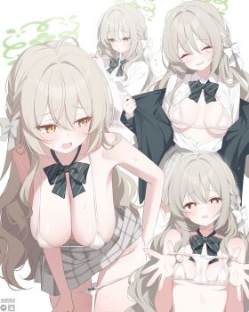 1boy 1girl adapted_costume adjusting_hair ahoge areola_slip artist_name bare_shoulders bikini black_bow black_bowtie black_coat blue_archive blush bow bow_panties bowtie braid braiding_hair breasts brown_hair center_opening cleavage clothes_lift coat deyui diagonal-striped_bow diagonal-striped_bowtie diagonal-striped_clothes doodle_sensei_(blue_archive) english_text green_eyes green_halo grey_hair grey_skirt hair_between_eyes hair_bow hair_over_shoulder hair_tie_in_mouth hairdressing halo hand_in_own_hair hands_in_own_hair hanging_breasts heart heart-shaped_pupils highres holding holding_own_hair holding_panties holding_underwear holding_unworn_clothes large_breasts leaning_forward long_hair looking_at_viewer looking_to_the_side medium_breasts micro_bikini miniskirt miyo_(blue_archive) mouth_hold multicolored_hair multiple_views no_shirt open_clothes open_coat open_mouth opened_by_self panties panty_pull partially_unbuttoned pleated_skirt presenting_removed_panties puffy_nipples school_uniform sensei_(blue_archive) shirt sideboob simple_background skindentation skirt skirt_lift solo_focus speech_bubble stained_panties streaked_hair striped_bow striped_bowtie striped_clothes sweat sweatdrop swimsuit symbol-shaped_pupils tying_hair underwear undressing very_long_hair white_background white_bikini white_bow white_panties white_shirt yellow_eyes