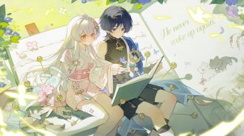 1boy 1girl anemo_symbol_(genshin_impact) animalization antenna_hair aqua_gemstone arm_at_side artist_request belt black_belt black_bodysuit black_bow black_cat black_hair black_shorts blue_cape blue_gemstone blue_kimono blue_shawl blue_sleeves blunt_ends blush bodysuit book bow bug butterfly cape cat cherry_blossoms closed_mouth commission commissioner_insert couple covered_collarbone crossed_bangs cryo_symbol_(genshin_impact) eyelashes eyeliner eyeshadow feathers fingernails floral_print floral_print_kimono flower furisode gem genshin_impact glint glowing_butterfly gold hair_between_eyes hair_flower hair_ornament hakama hakama_shorts hayami_momo_(hayamimomo) hetero highres holding holding_book insect japanese_clothes juban kimono lace_shawl layered_sleeves leaf long_hair long_sidelocks long_sleeves looking_at_another makeup mandarin_collar mole mole_under_eye obi obiage obijime oc_x_canon open_book open_clothes open_hand open_kimono original person_and_animalization pink_bow pink_eyes pink_kimono pink_trim pleated_shorts pom_pom_(clothes) print_kimono purple_butterfly purple_eyes purple_flower purple_rope purple_sash red_eyeliner red_eyeshadow rope sash scaramouche_(cat)_(genshin_impact) scaramouche_(genshin_impact) second-party_source sewing_pin shawl short_kimono short_sleeves shorts sidelocks single_bare_shoulder single_off_shoulder single_sock single_thighhigh sitting sitting_on_book smile socks tareme tassel thighhighs tsurime very_long_hair vision_(genshin_impact) wanderer_(genshin_impact) white_cat white_flower white_hair white_kimono white_sleeves white_socks white_thighhighs wispy_bangs yellow_butterfly yellow_feathers yokozuwari yukata