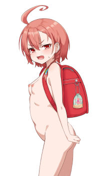1girl ahoge ass backpack bag blue_archive blush braid breasts completely_nude earrings fang female_focus highres jewelry legs loli looking_at_viewer medium_hair navel neru_(blue_archive) nipples nude paiki pink_hair randoseru red_eyes simple_background skin_fang small_breasts solo standing stomach thighs white_background