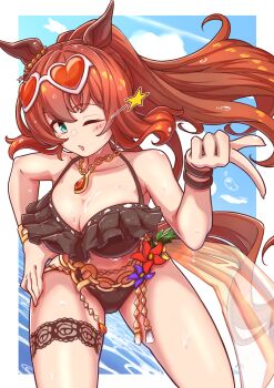 Rule 34 | 1girl, absurdres, animal ears, bikini, black bikini, blue sky, border, breasts, brown hair, brown tail, chain, chain necklace, cleavage, cloud, cloudy sky, commentary request, day, eyewear on head, flova11, frilled bikini, frills, gem, gold necklace, green eyes, hand on own hip, heart, heart-shaped eyewear, highres, horse ears, horse girl, horse tail, jewelry, large breasts, leaning forward, long hair, looking at viewer, maruzensky (hot summer night) (umamusume), maruzensky (umamusume), necklace, ocean, official alternate costume, official alternate hairstyle, open mouth, orange-tinted eyewear, outside border, red gem, revision, sky, solo, sunglasses, swimsuit, tail, thigh strap, thighs, tinted eyewear, umamusume, white border