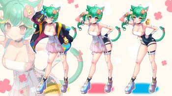 1girl ahoge animal animal_ear_fluff animal_ears animal_on_shoulder animal_print bandaid bandaid_on_arm belt black_choker black_jacket blonde_hair blue_belt blue_bow blue_hair blue_scrunchie bow bracelet breasts cat_ears cat_girl cat_print cat_tail choker cleavage closed_mouth collarbone dress flower glasses green_hair hair_flower hair_ornament highres jacket jewelry long_sleeves multicolored_hair multicolored_jacket multicolored_scrunchie o-ring o-ring_thigh_strap open_clothes open_jacket paw_print pink_eyes pink_flower pink_hair pink_scrunchie pleated_dress ribbon rosedoodle_(vtuber) round_eyewear scrunchie sleeves_past_fingers sleeves_past_wrists smile solo tail tail_ornament tail_ribbon thigh_belt thigh_strap vchiban virtual_youtuber wrist_scrunchie yellow_scrunchie yuarima2 zipper