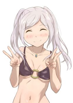 1girl bare_arms bare_shoulders bikini blush breasts breasts_apart closed_eyes closed_mouth collarbone commentary_request double_v facing_viewer female_robin_(fire_emblem) female_robin_(seaside_tactician)_(fire_emblem) fire_emblem fire_emblem_awakening fire_emblem_heroes gloves grey_hair hands_up jewelry kuhuku006f86 long_hair medium_breasts navel necklace nintendo o-ring o-ring_bikini official_alternate_costume purple_bikini simple_background smile solo stomach swimsuit twintails underboob upper_body v white_background